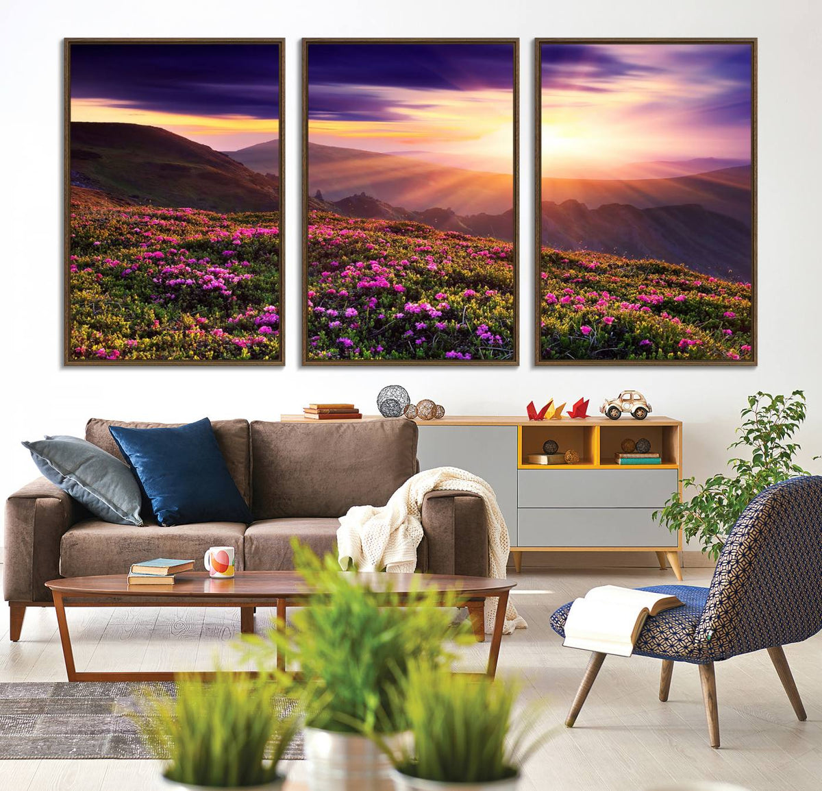Beautiful Mountain Sunset Landscape with Purple Flowers