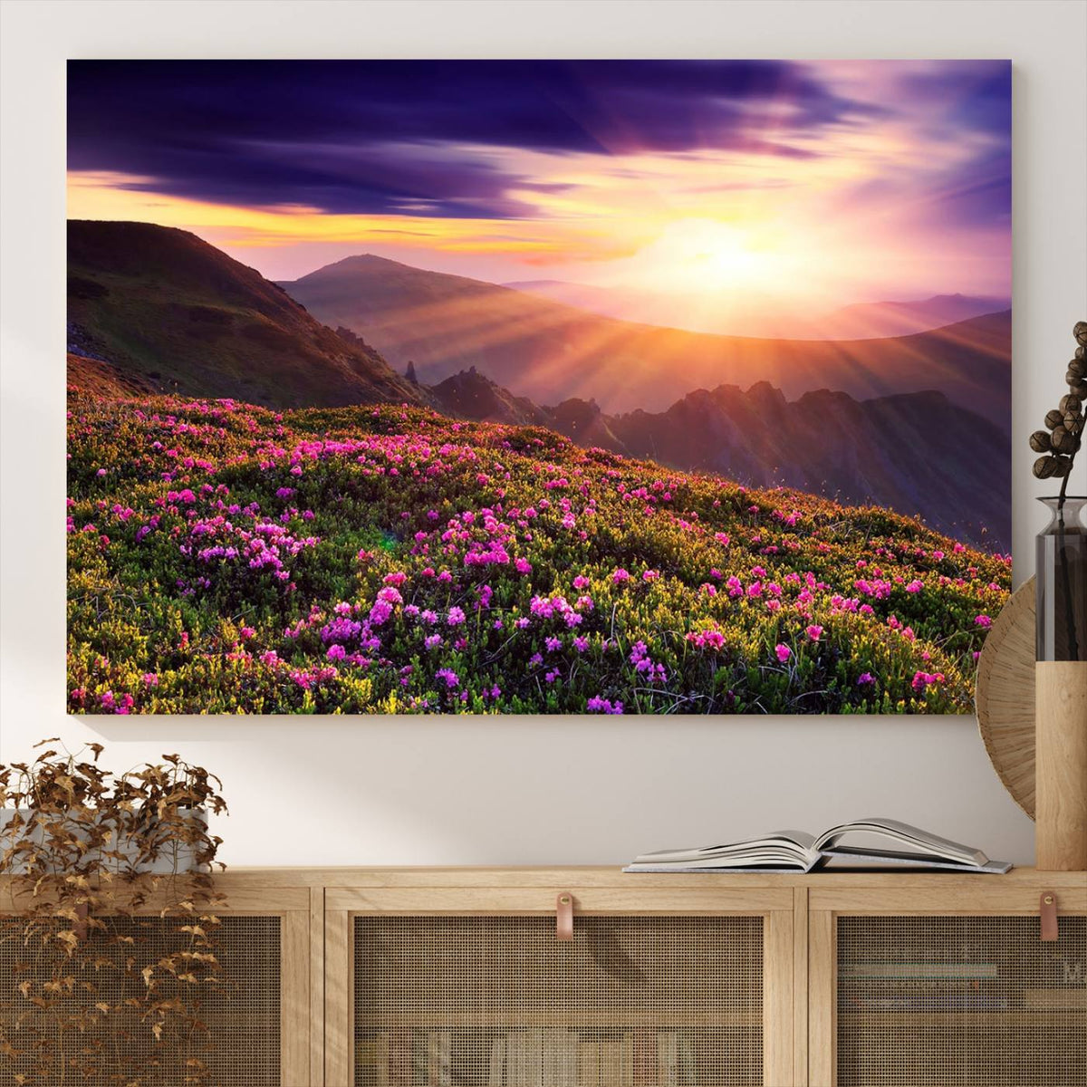 Beautiful Mountain Sunset Landscape with Purple Flowers