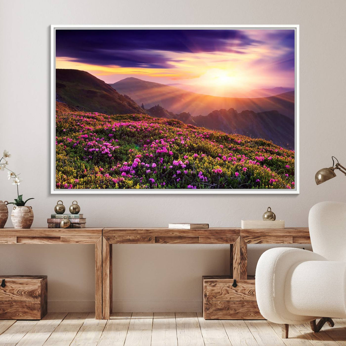 Beautiful Mountain Sunset Landscape with Purple Flowers