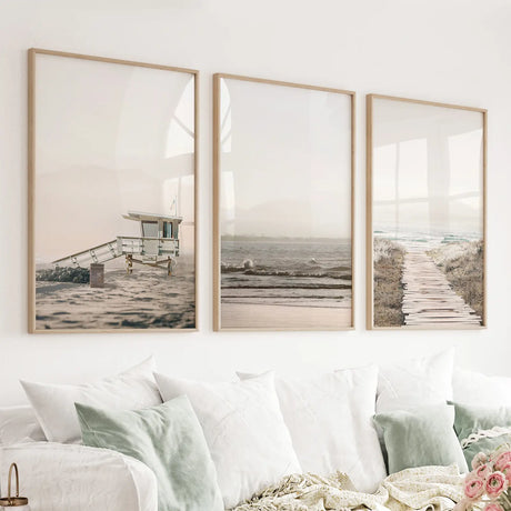 3-Piece-Beige-Coastal-Wall-Art.-Waves,-Beach-Path,-Lifeguard-Wall-Art-Set