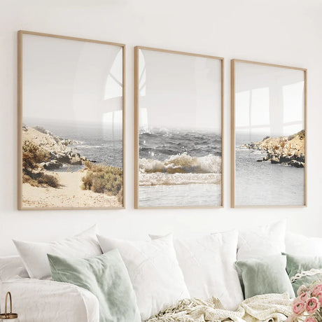 3-Piece-Beige-Ocean-Beach-Decor.-Gray-Waves-with-Rocks-Wall-Art-Wall-Art-Set