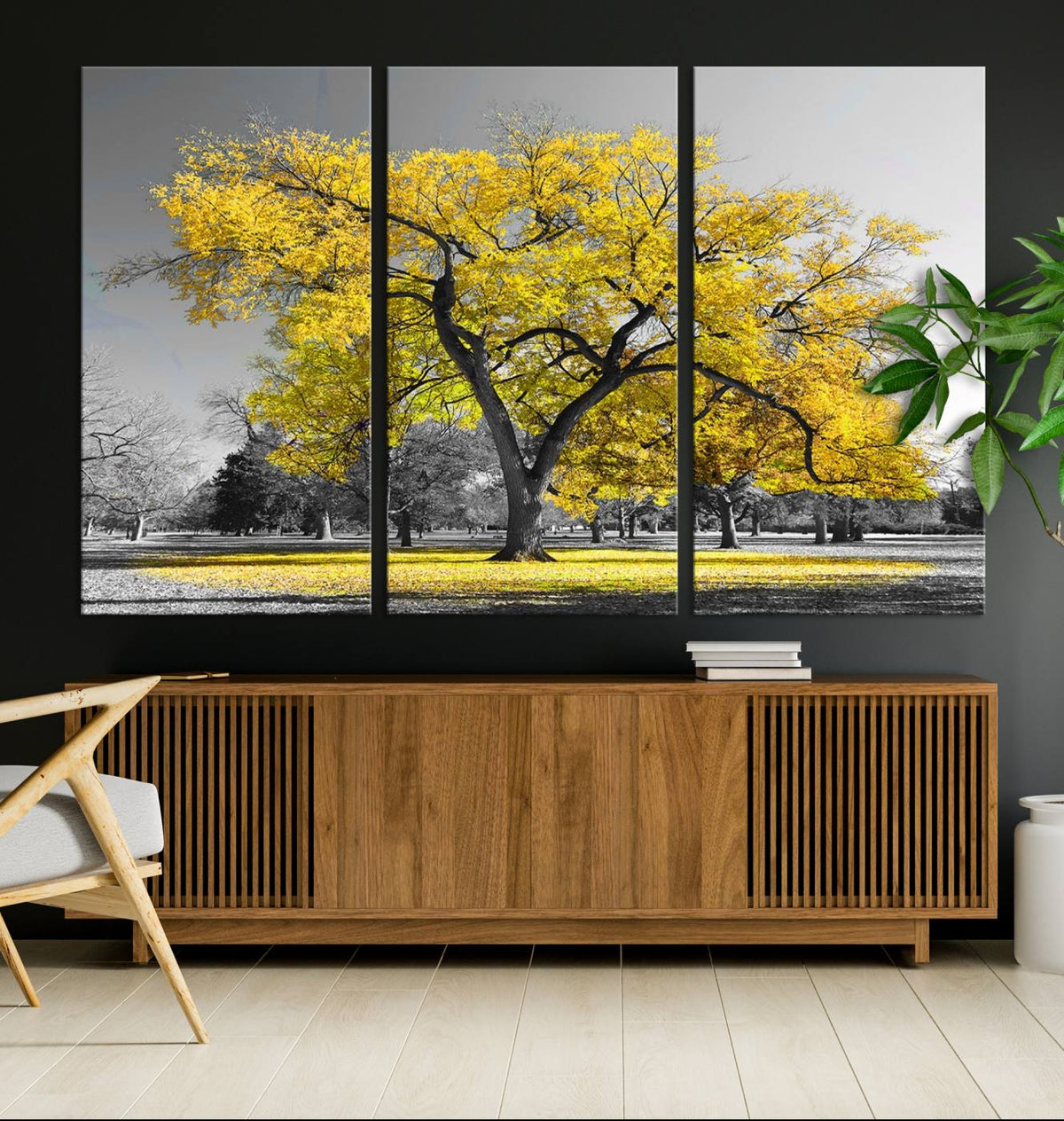 Big Yellow Tree Canvas Wall Art Print Black White Yellow Art