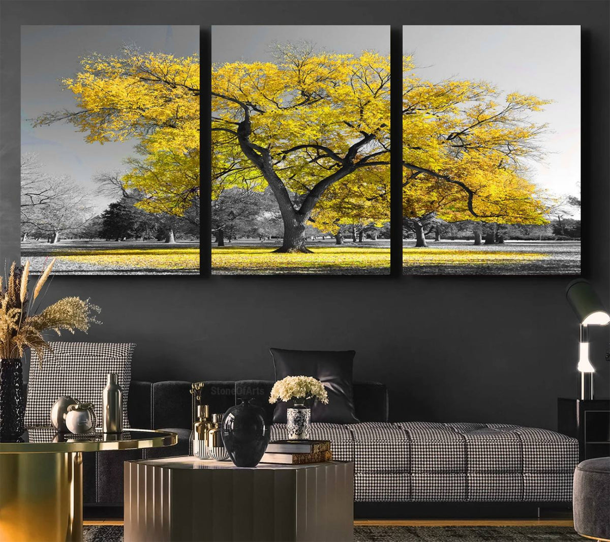 Big Yellow Tree Canvas Wall Art Print Black White Yellow Art