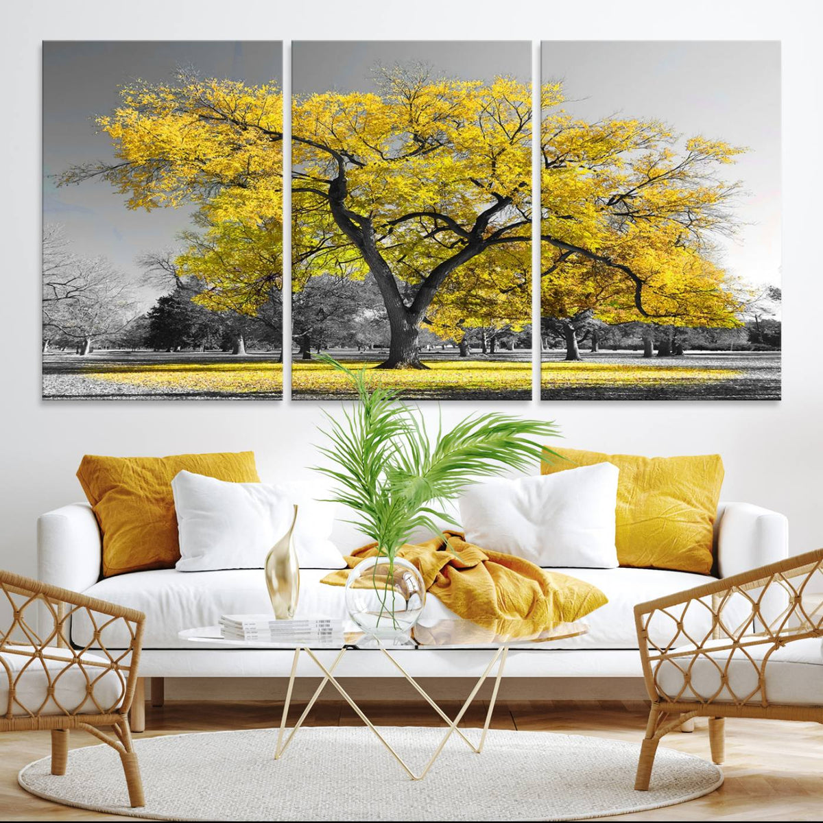 Big Yellow Tree Canvas Wall Art Print Black White Yellow Art