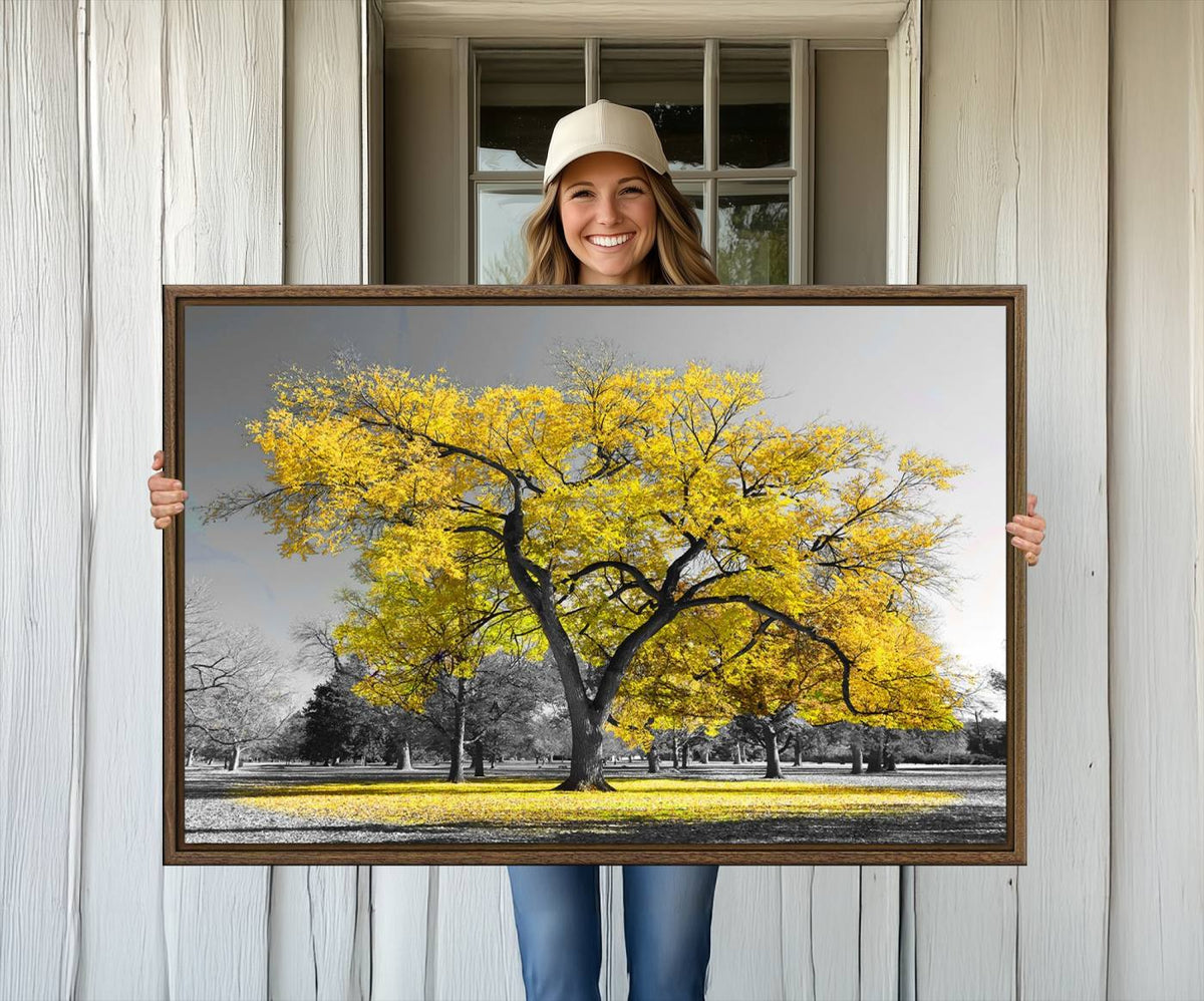 Big Yellow Tree Canvas Wall Art Print Black White Yellow Art