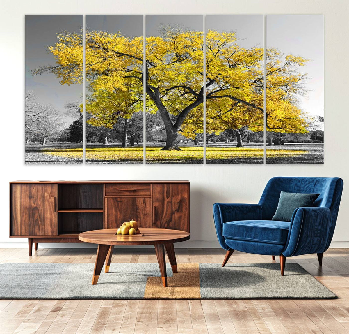 Big Yellow Tree Canvas Wall Art Print Black White Yellow Art
