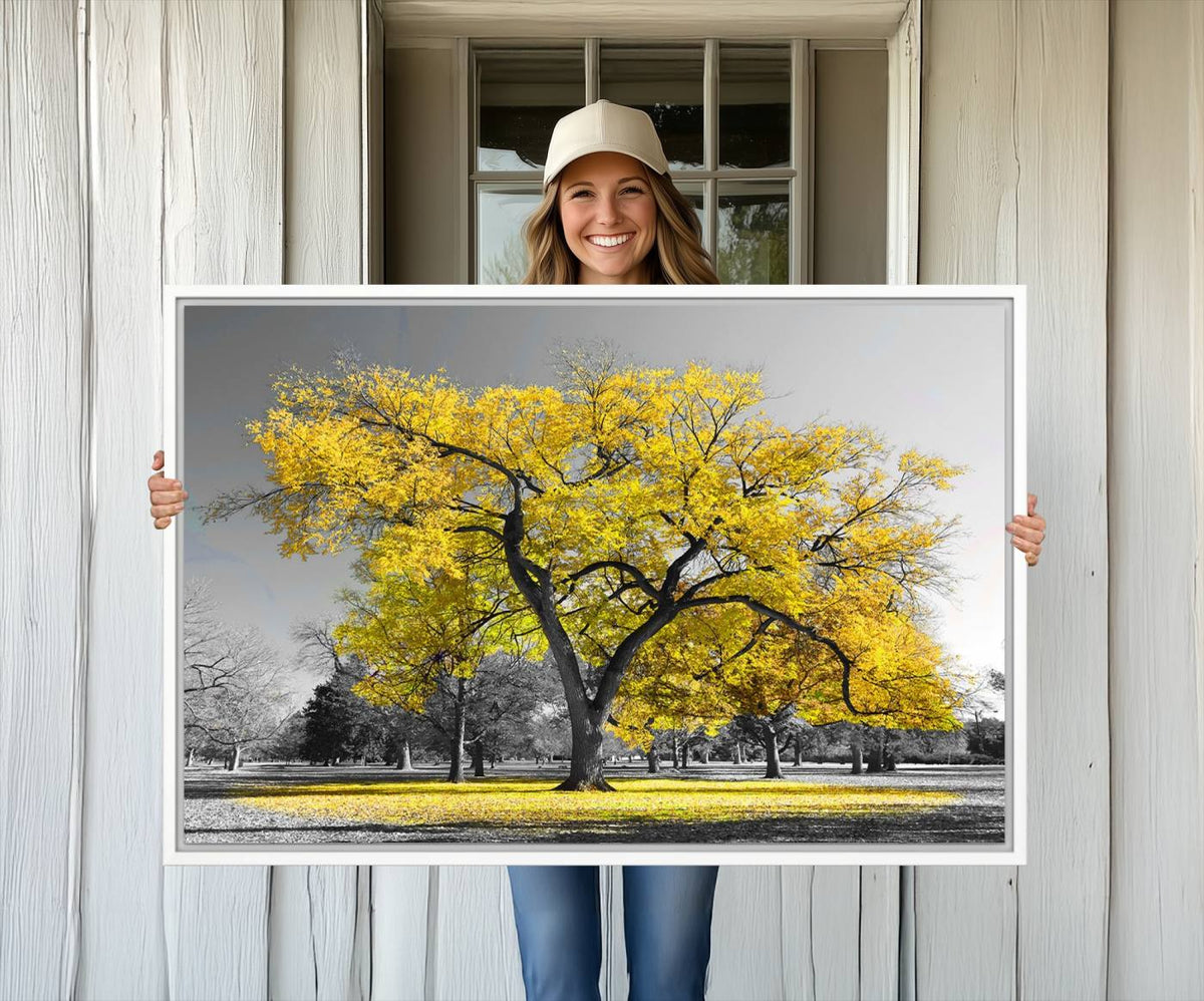 Big Yellow Tree Canvas Wall Art Print Black White Yellow Art