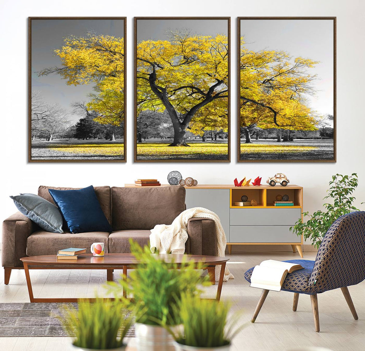 Big Yellow Tree Canvas Wall Art Print Black White Yellow Art