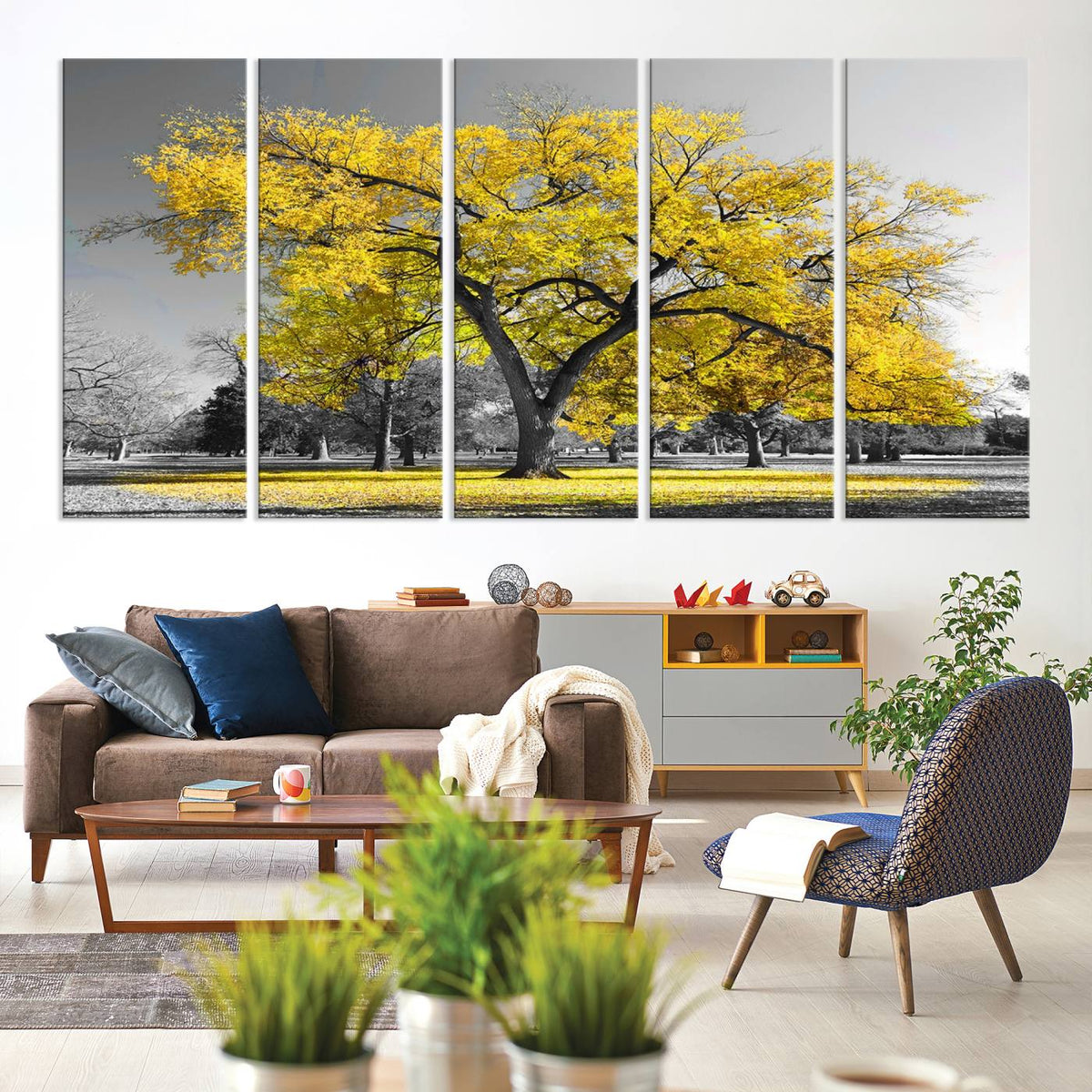 Big Yellow Tree Canvas Wall Art Print Black White Yellow Art