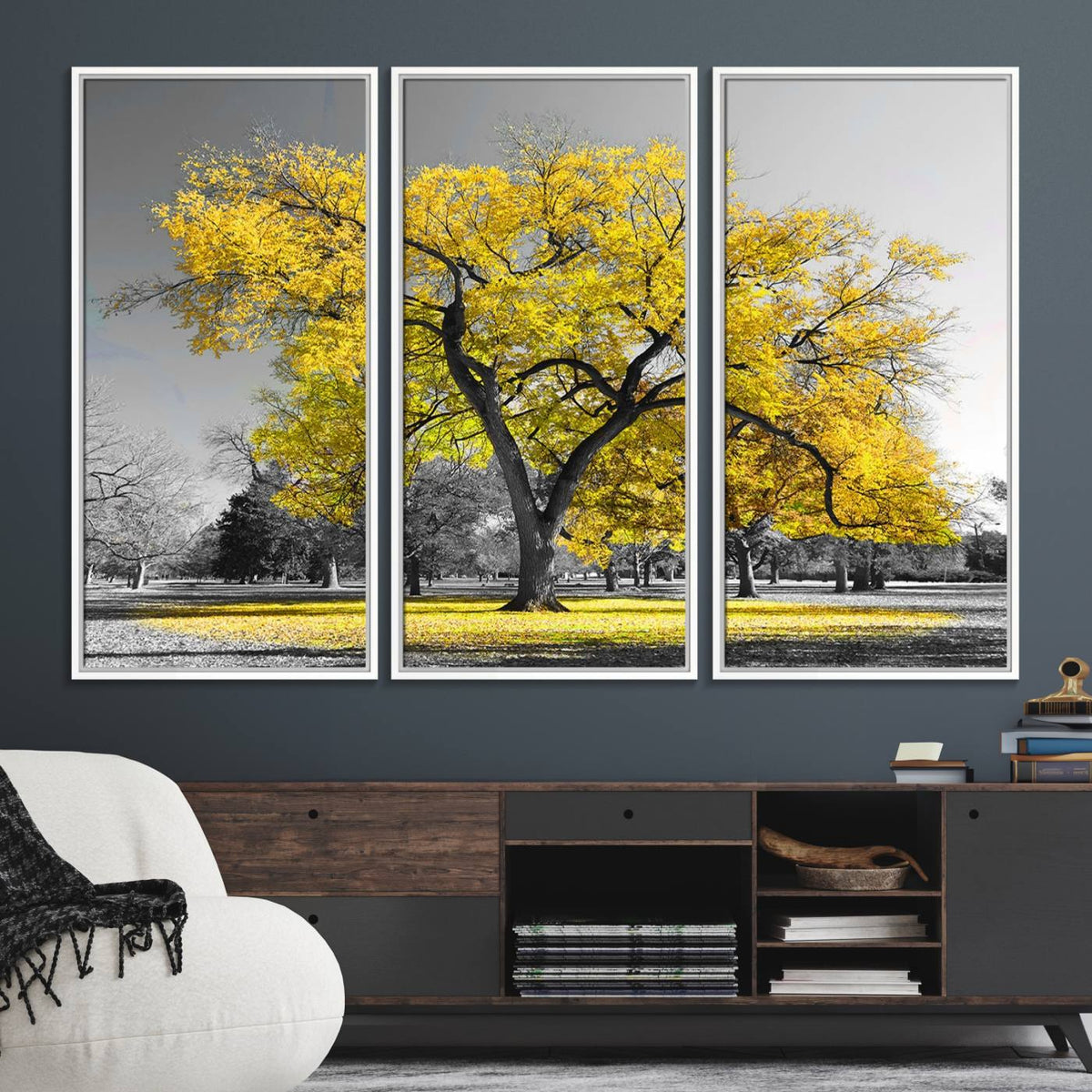 Big Yellow Tree Canvas Wall Art Print Black White Yellow Art