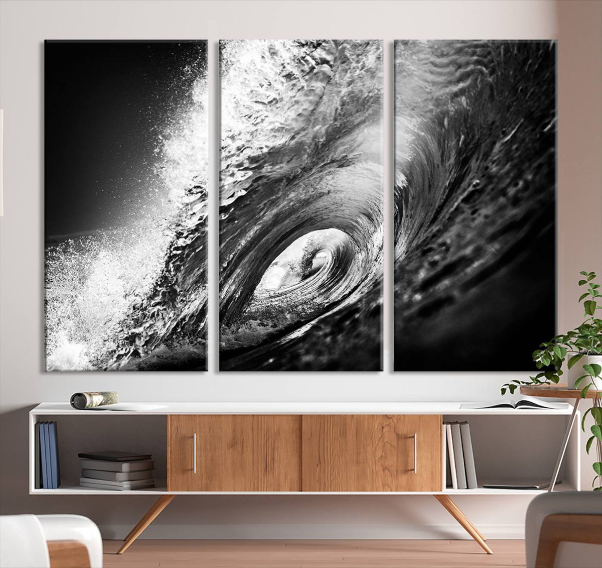 Black Ocean Wave at Sunset Canvas Art, Large Wall Print of