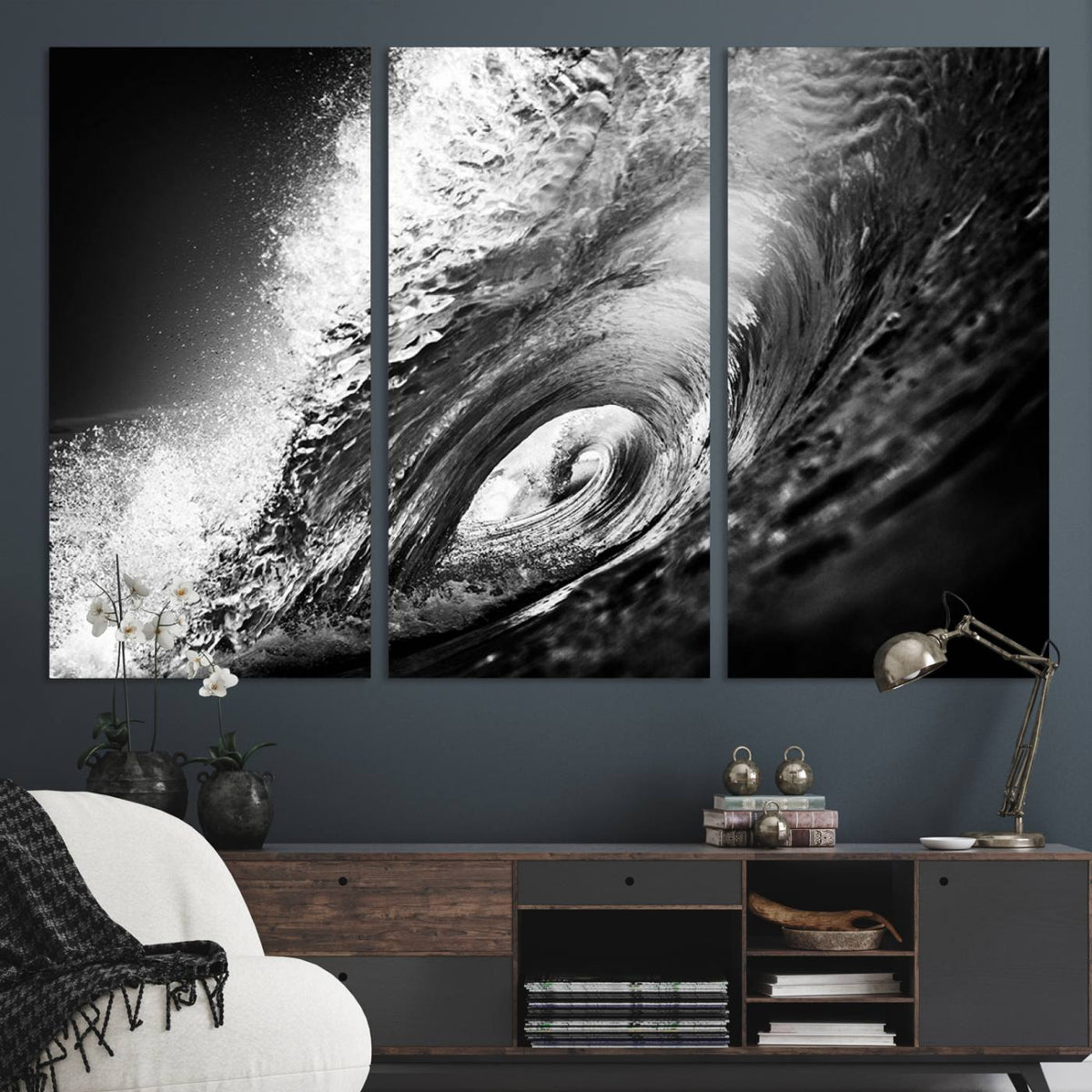 Black Ocean Wave at Sunset Canvas Art, Large Wall Print of