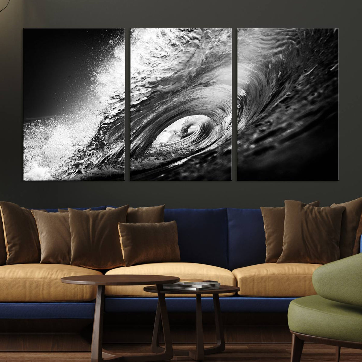Black Ocean Wave at Sunset Canvas Art, Large Wall Print of