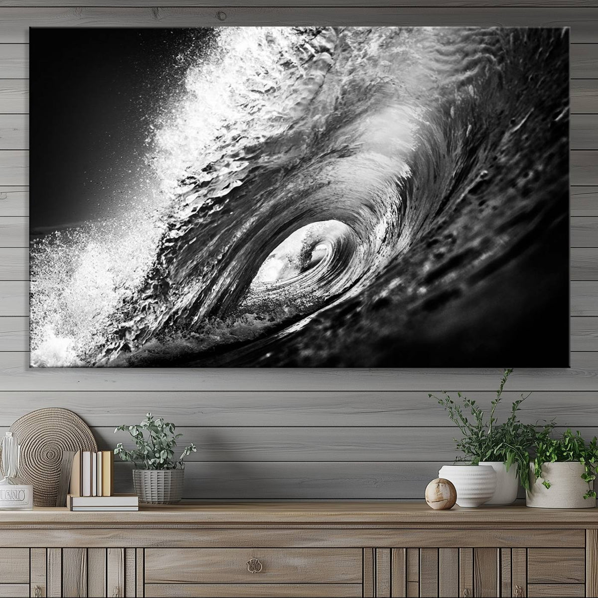 Black Ocean Wave at Sunset Canvas Art, Large Wall Print of