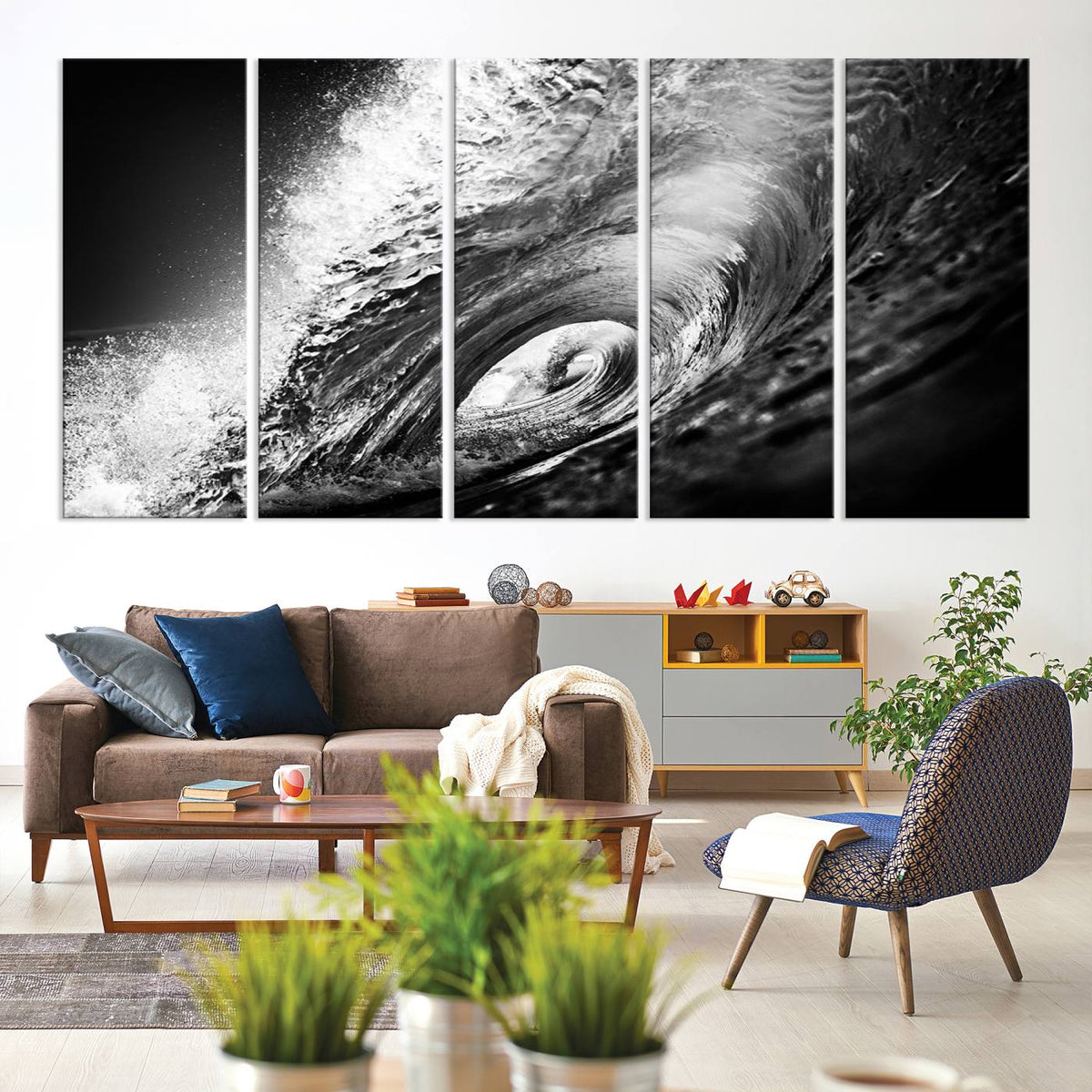 Black Ocean Wave at Sunset Canvas Art, Large Wall Print of