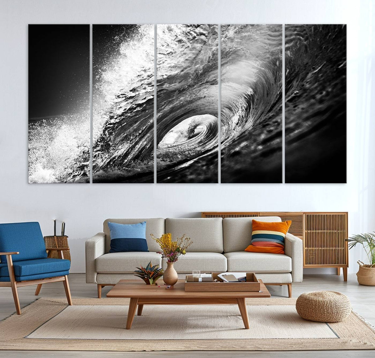 Black Ocean Wave at Sunset Canvas Art, Large Wall Print of