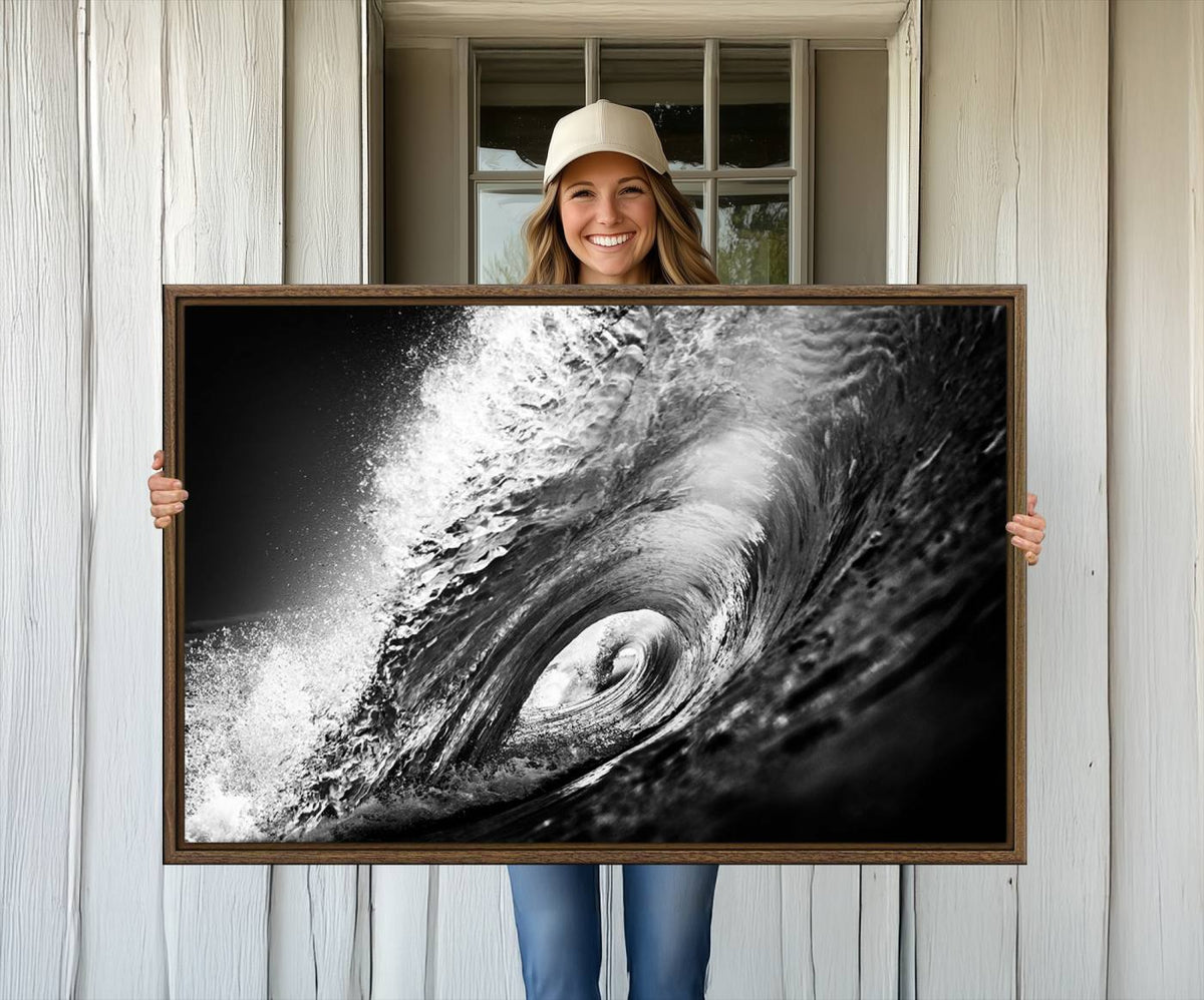 Black Ocean Wave at Sunset Canvas Art, Large Wall Print of