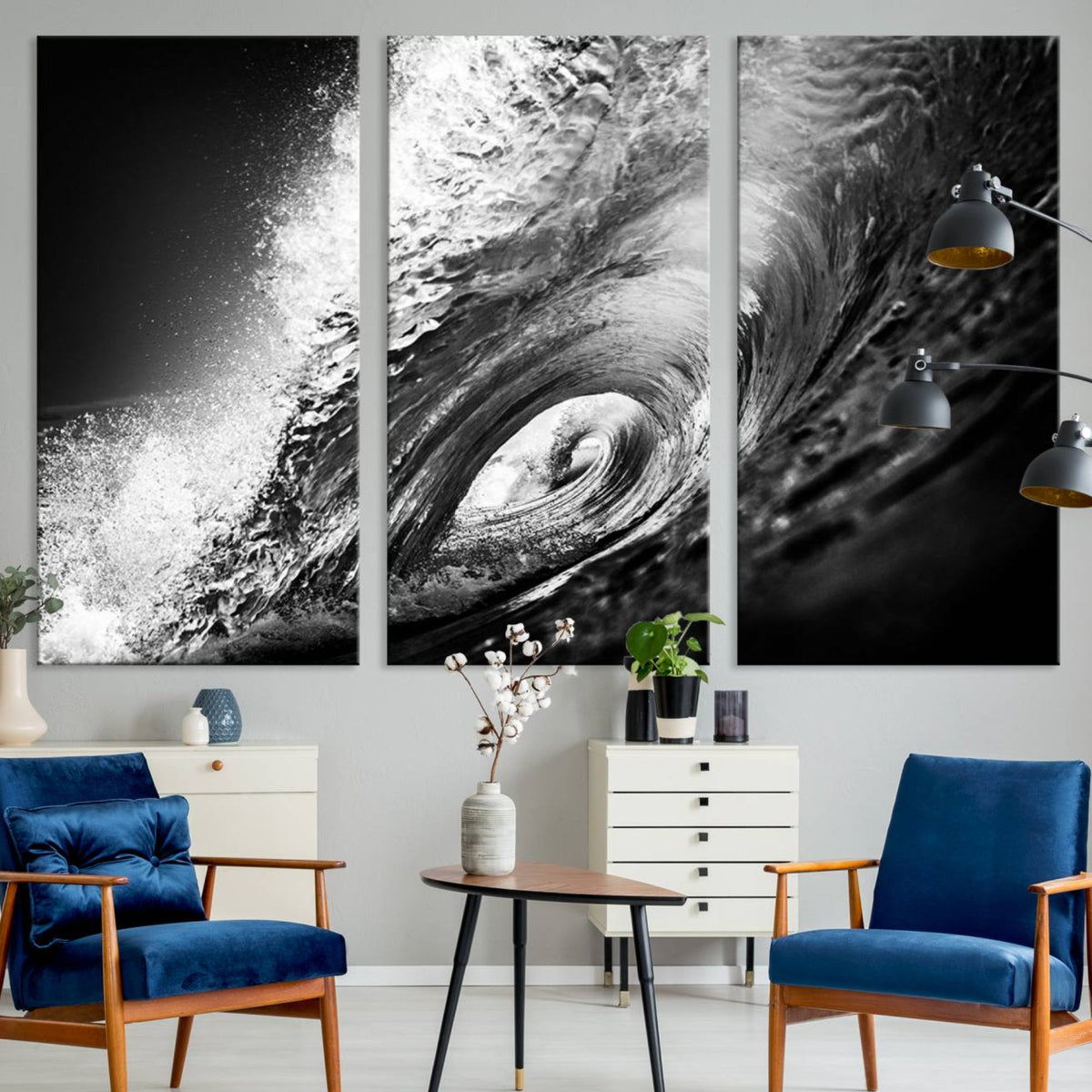 Black Ocean Wave at Sunset Canvas Art, Large Wall Print of