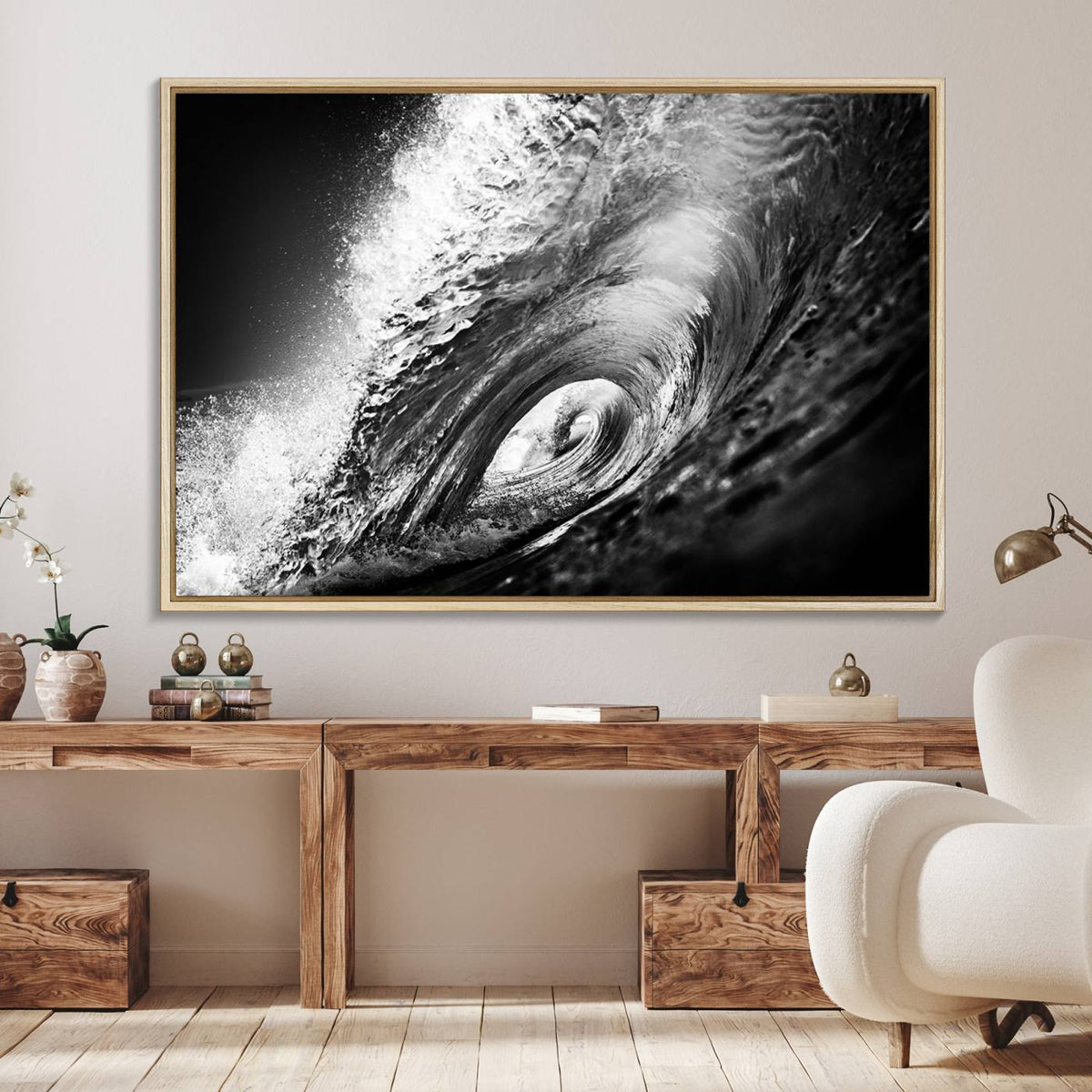 Black Ocean Wave at Sunset Canvas Art, Large Wall Print of