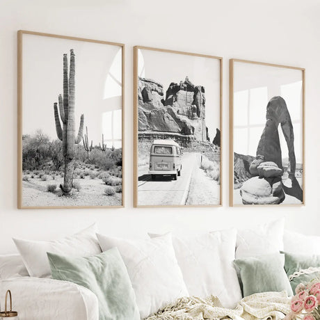 3-Piece-Desert-Black-White-Travel-Photo.-Cactus,-Arches,-Bus-Wall-Art-Set