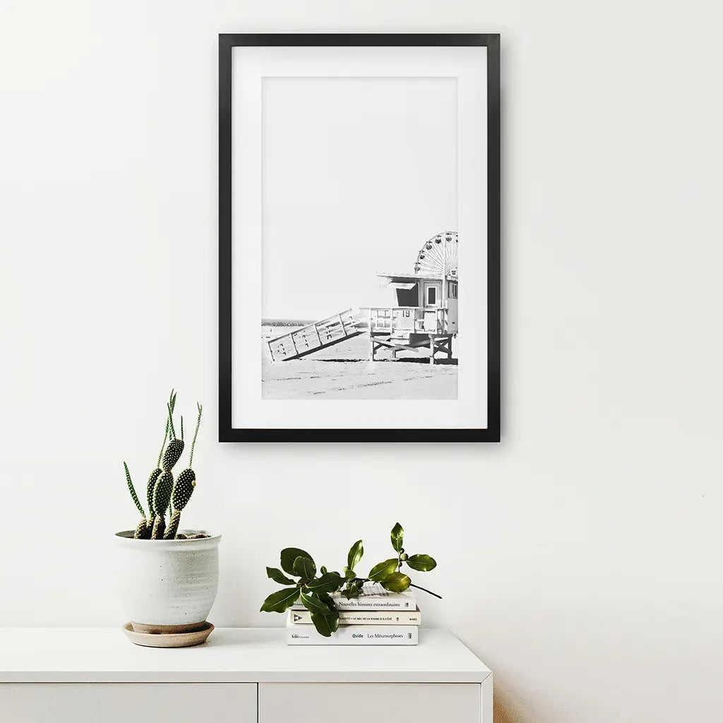 Black White California Poster. Ferris Wheel, Lifeguard Hut