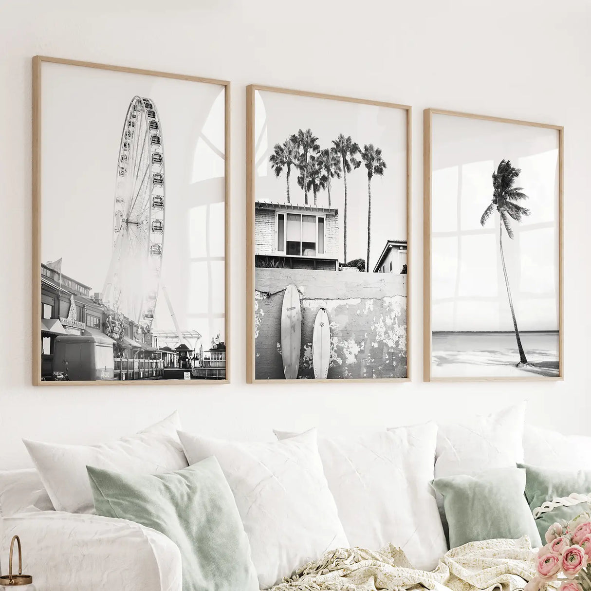 Black-White-Coastal-Wall-Art.-Ferris-Wheel,-Surfboards,-Palm-Wall-Art-Set