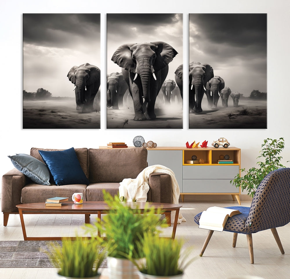 Black White Elephant Family Wall Art Canvas Print