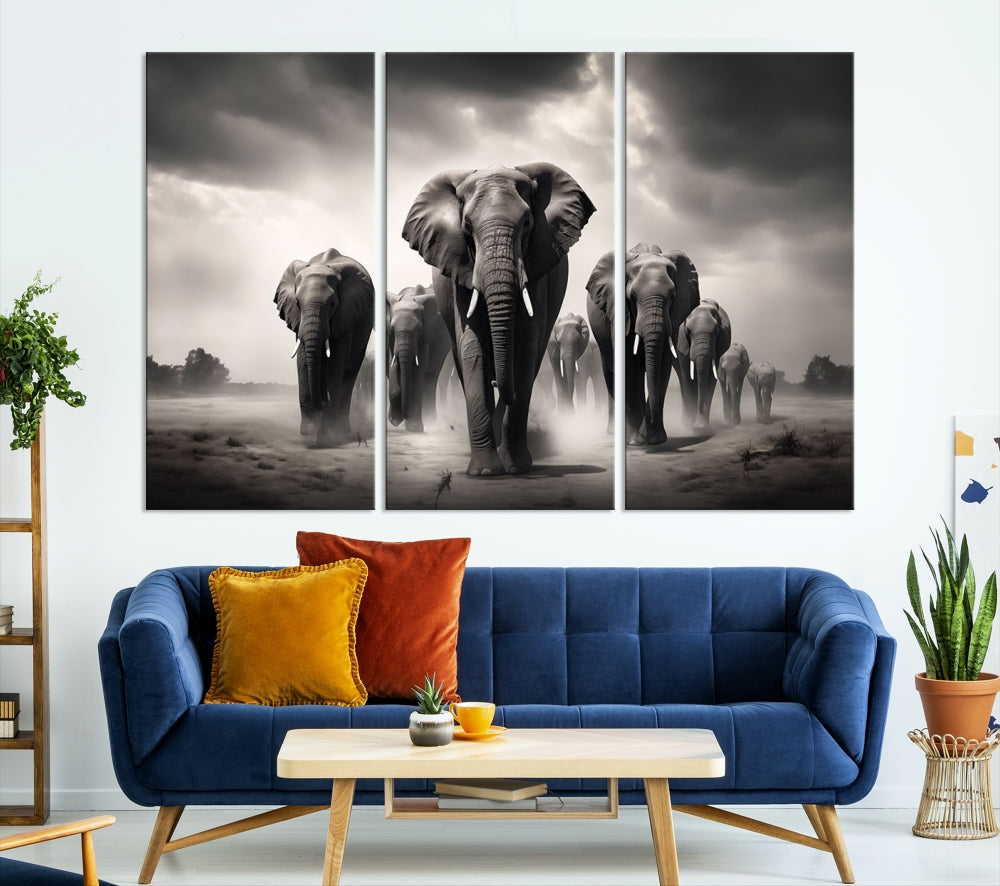 Black White Elephant Family Wall Art Canvas Print
