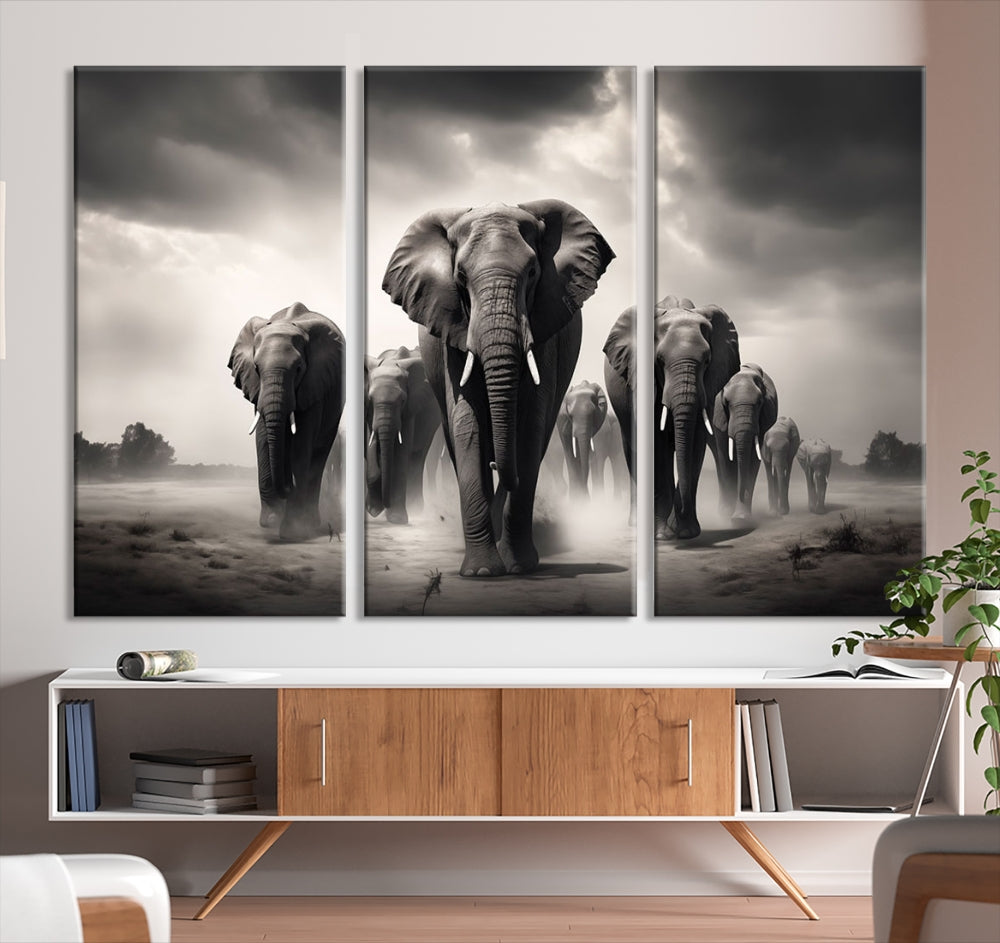 Black White Elephant Family Wall Art Canvas Print