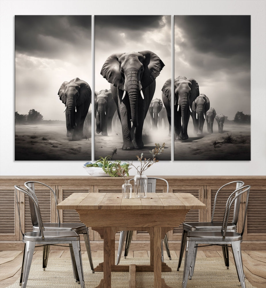 Black White Elephant Family Wall Art Canvas Print