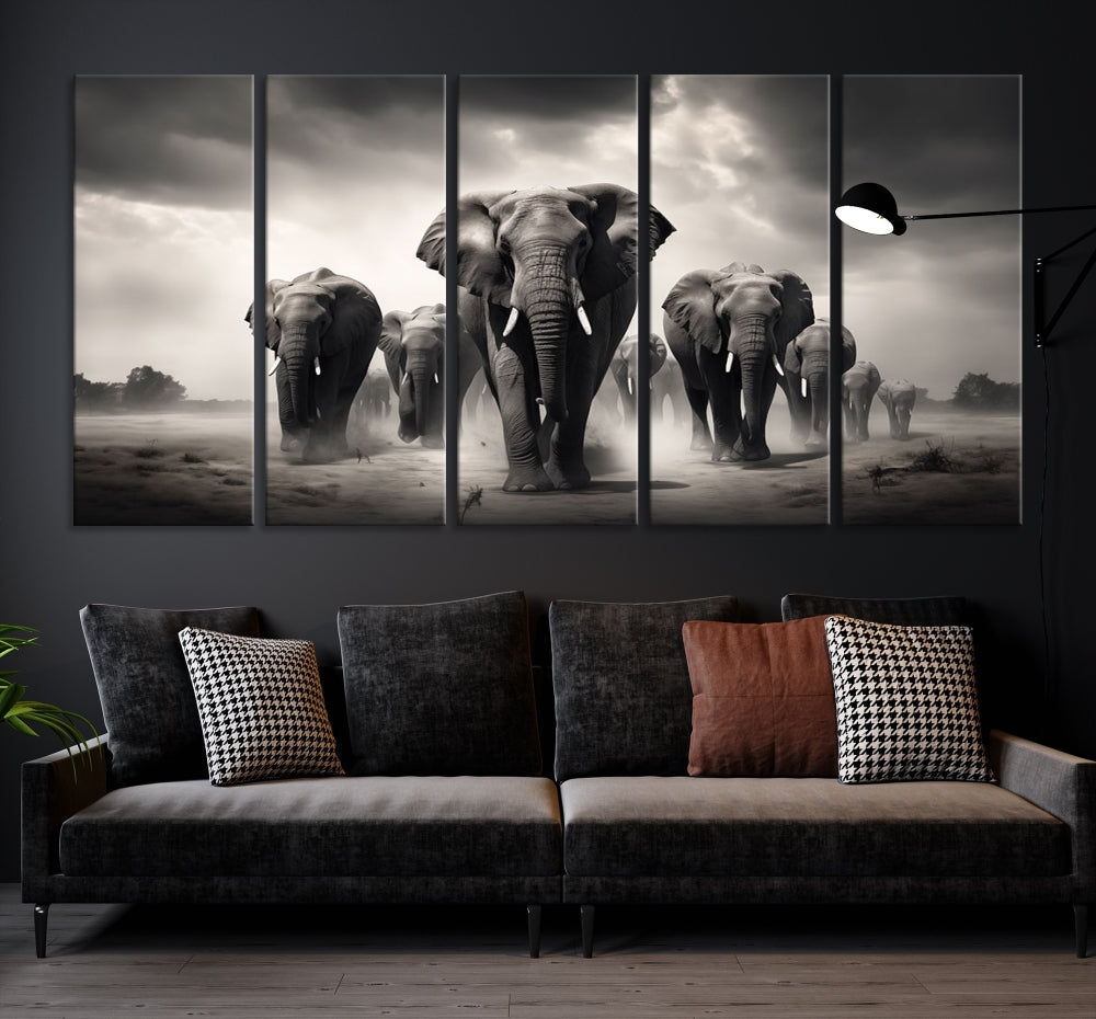Black White Elephant Family Wall Art Canvas Print