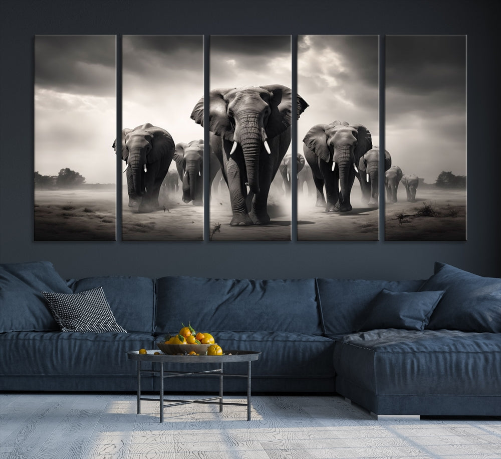Black White Elephant Family Wall Art Canvas Print
