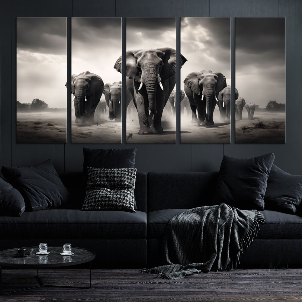 Black White Elephant Family Wall Art Canvas Print