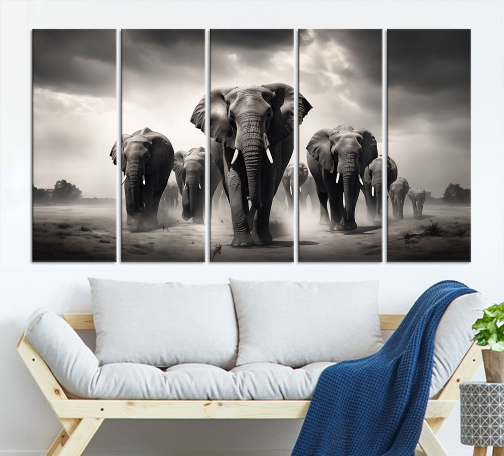 Black White Elephant Family Wall Art Canvas Print