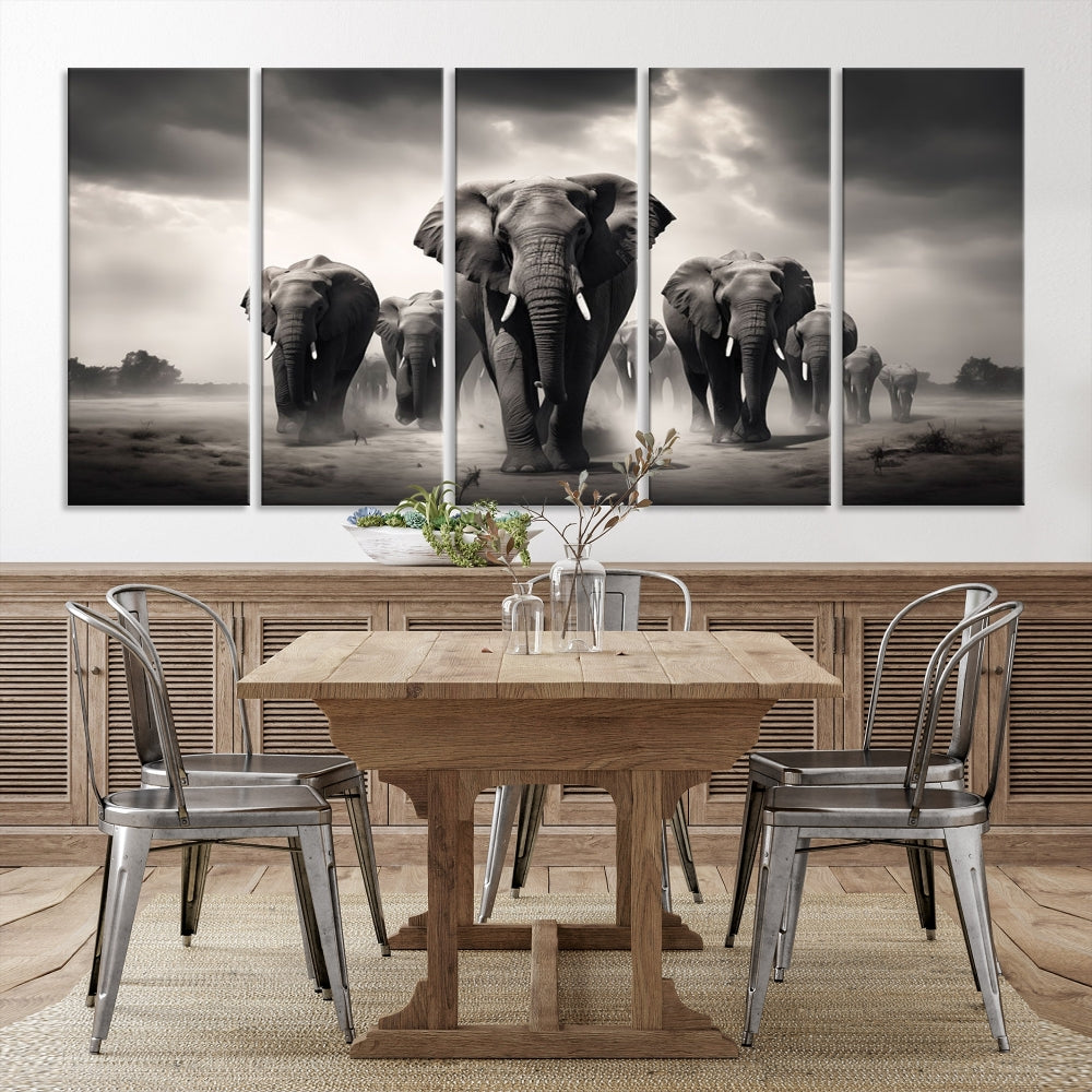 Black White Elephant Family Wall Art Canvas Print
