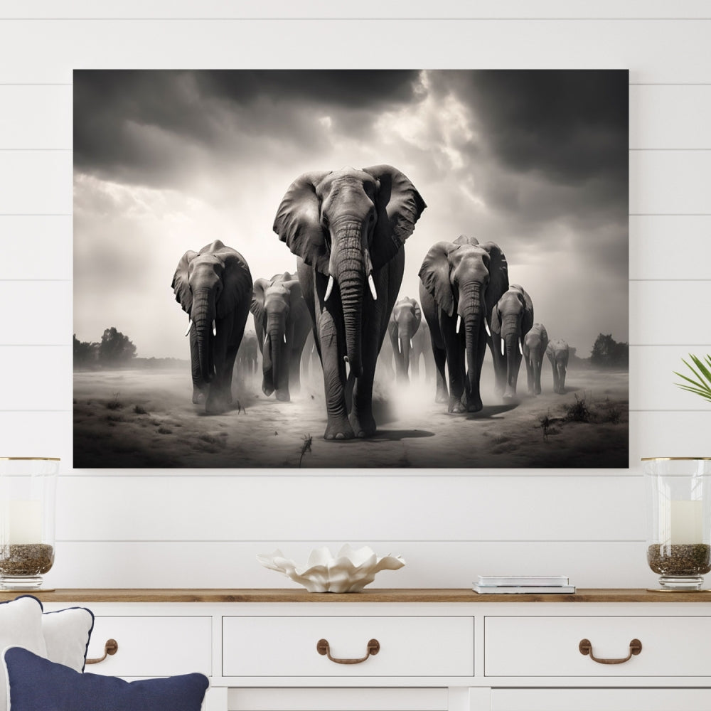 Black White Elephant Family Wall Art Canvas Print