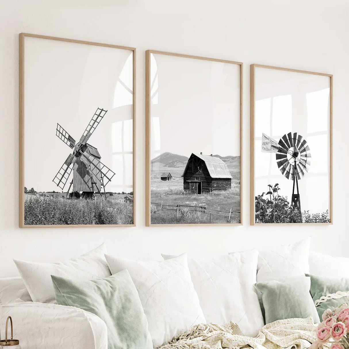 Black-White-Set-of-3-Farm-Style-Prints.-Windmill,-Barn,-Vane-Wall-Art-Set