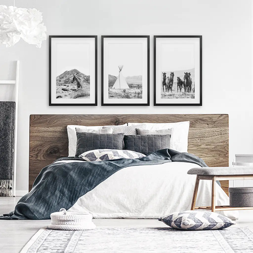 Black White Western Wall Art Set. Desert, Horses, Tepee