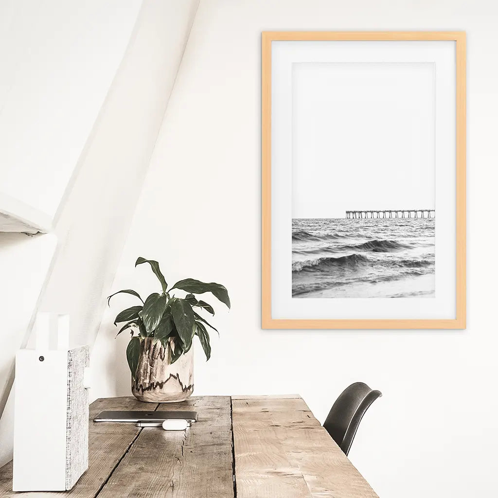 Black White Minimalistic Beach Pier Poster