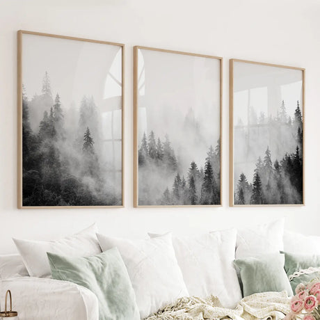 Black-White-Misty-Forest-Wall-Art-Set-of-3-Wall-Art-Set