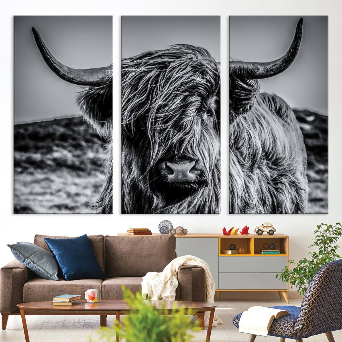 Black and White Cow Wall Art Canvas Print Highland Cattle