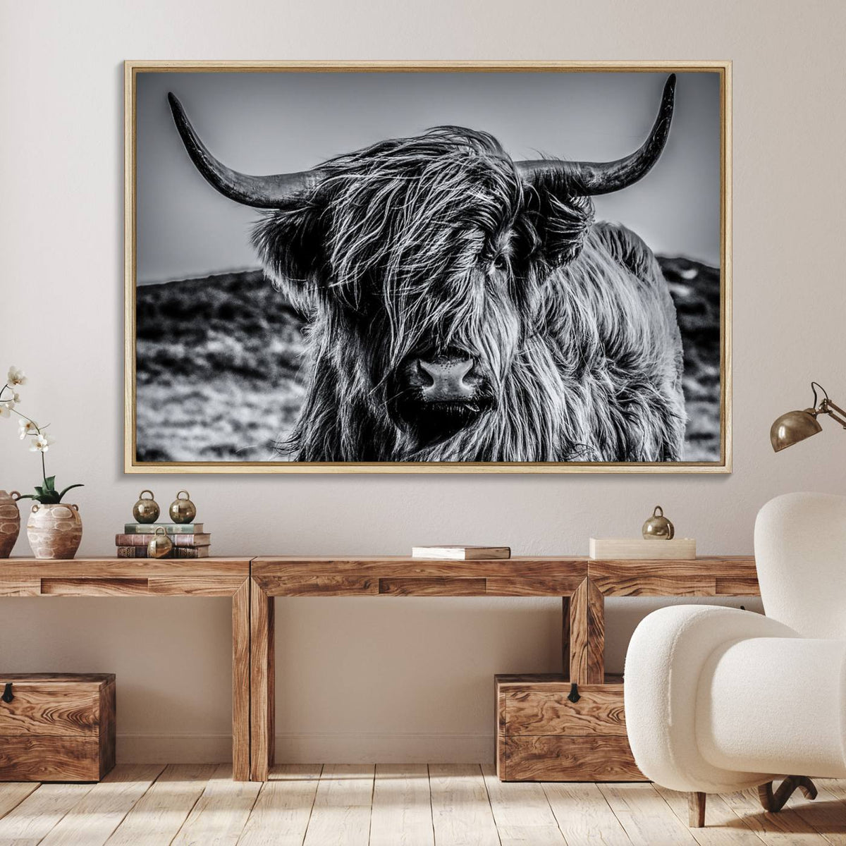 Black and White Cow Wall Art Canvas Print Highland Cattle