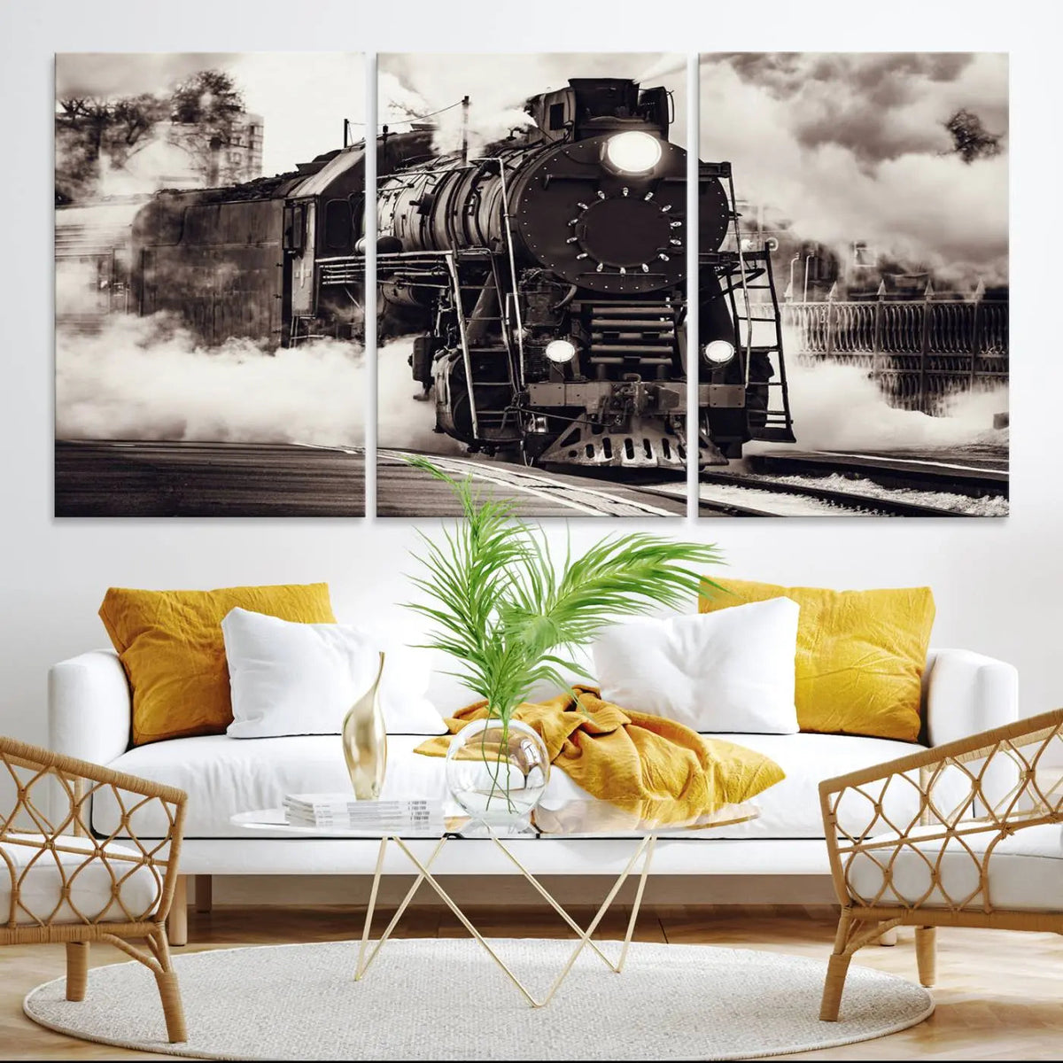 Black and White Steam Locomotive Canvas Wall Art Print