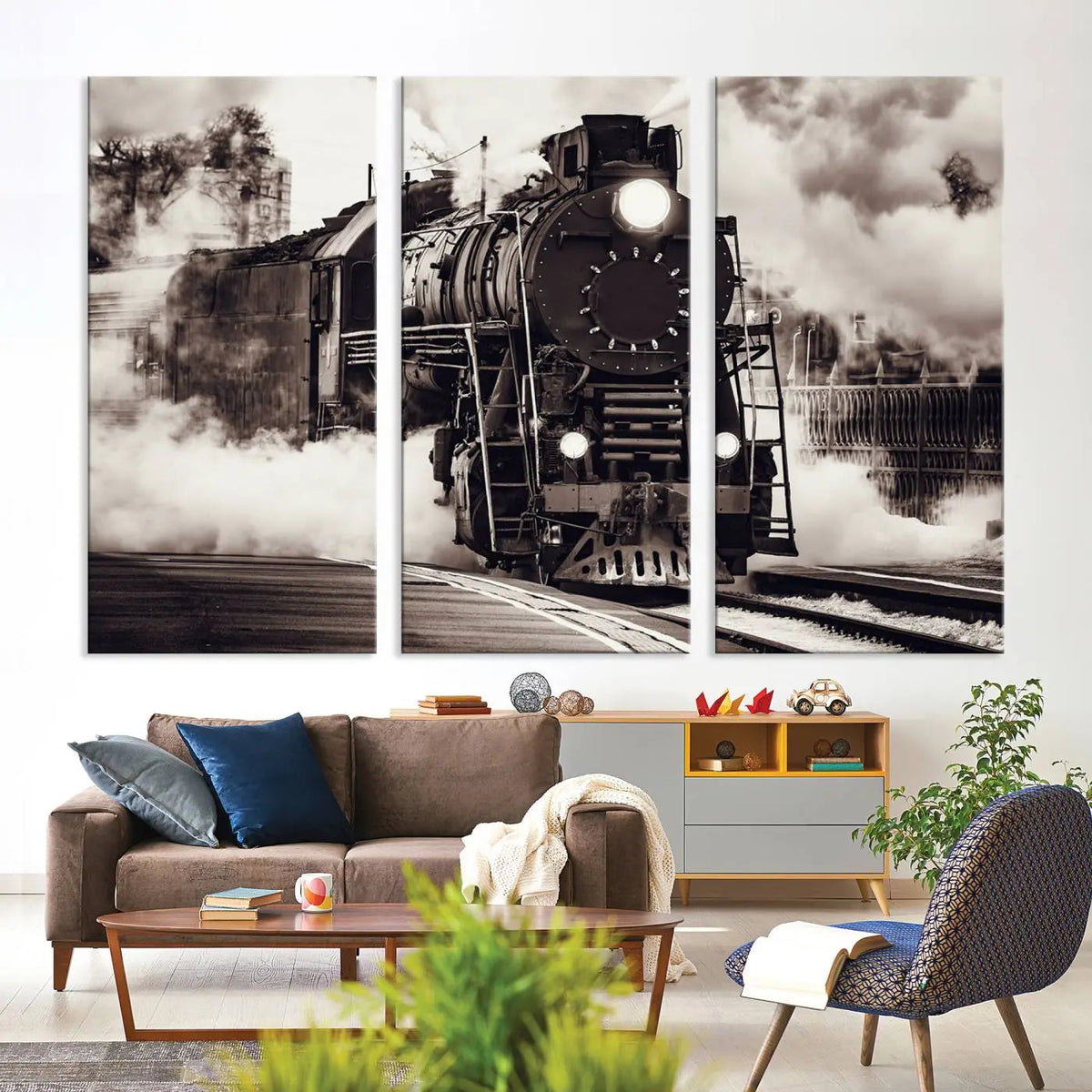 Black and White Steam Locomotive Canvas Wall Art Print