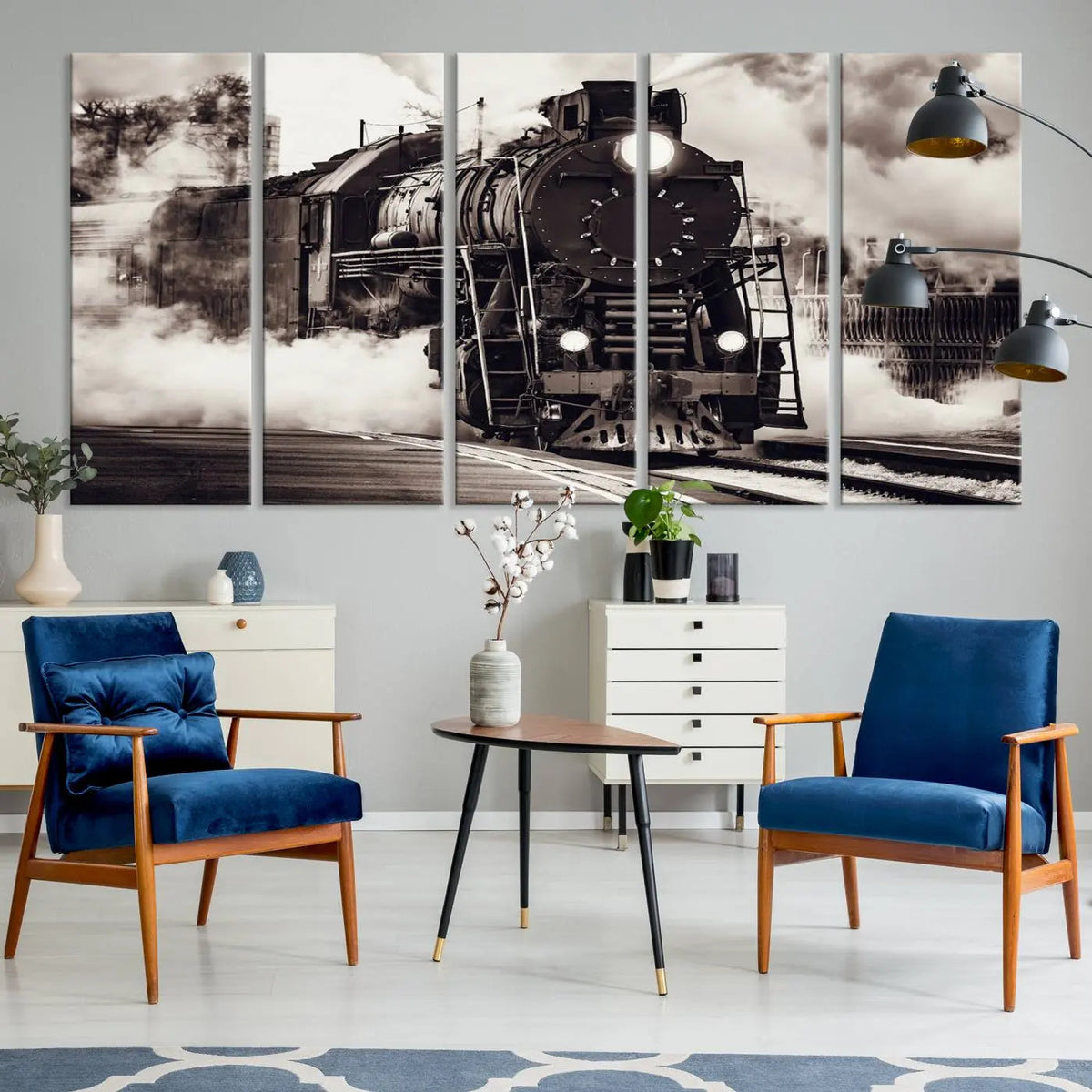 Black and White Steam Locomotive Canvas Wall Art Print