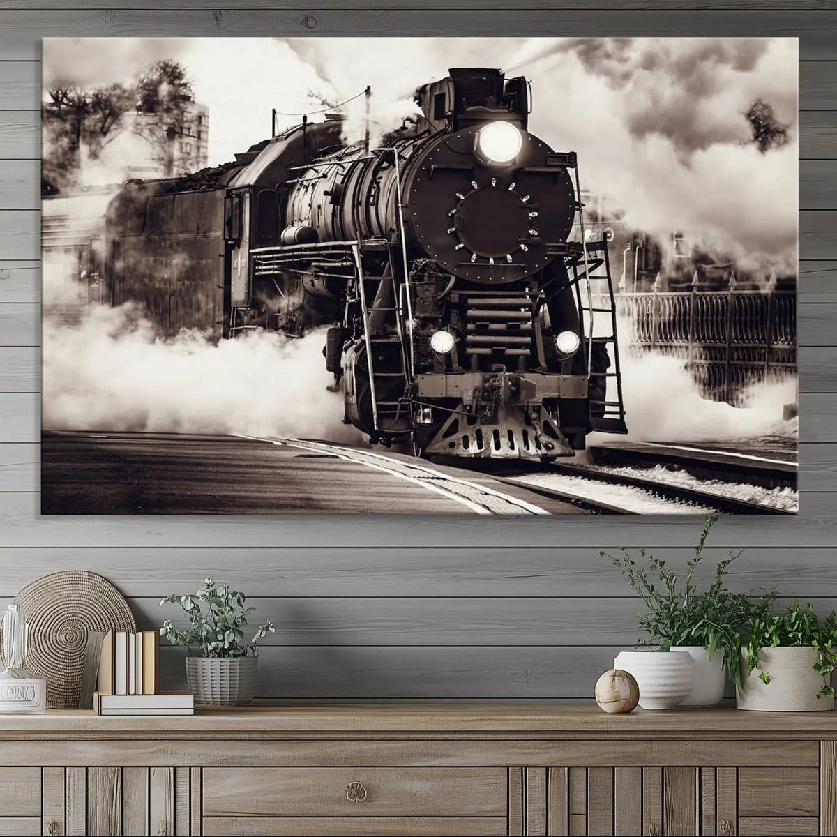 Black and White Steam Locomotive Canvas Wall Art Print