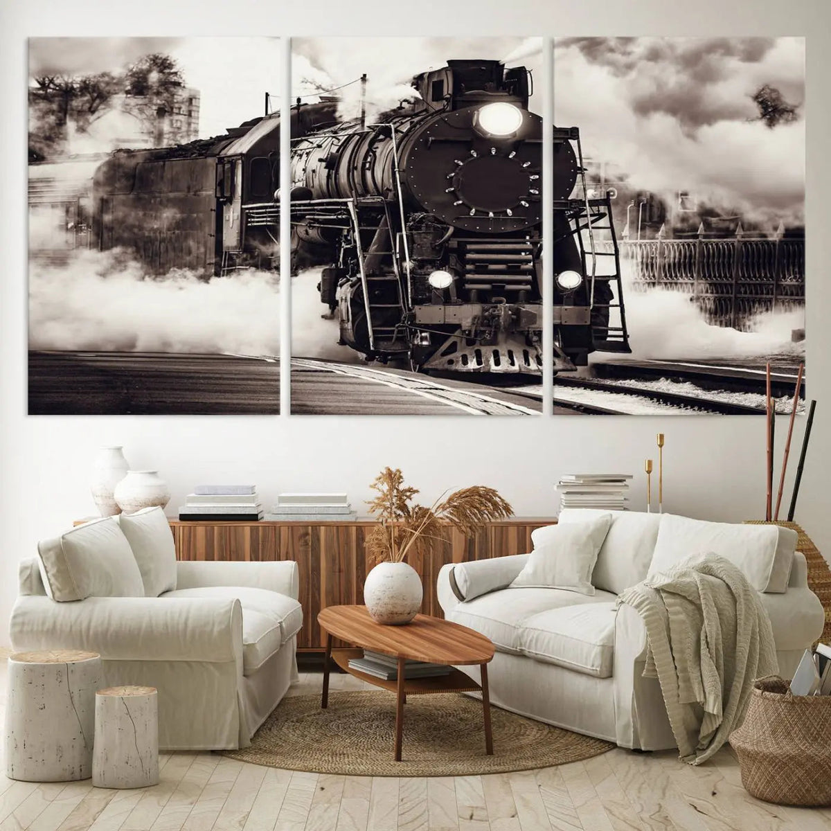 Black and White Steam Locomotive Canvas Wall Art Print