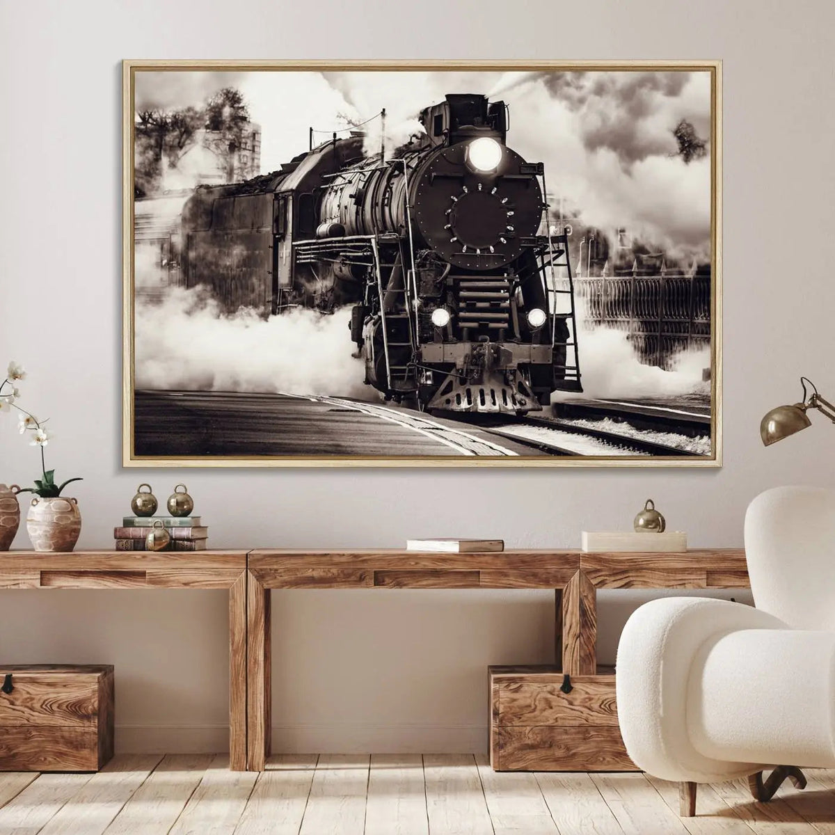 Black and White Steam Locomotive Canvas Wall Art Print