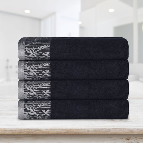 Cotton Floral Jacquard Border Bath Towel Set of 4 - Bath Towel by Superior Brand