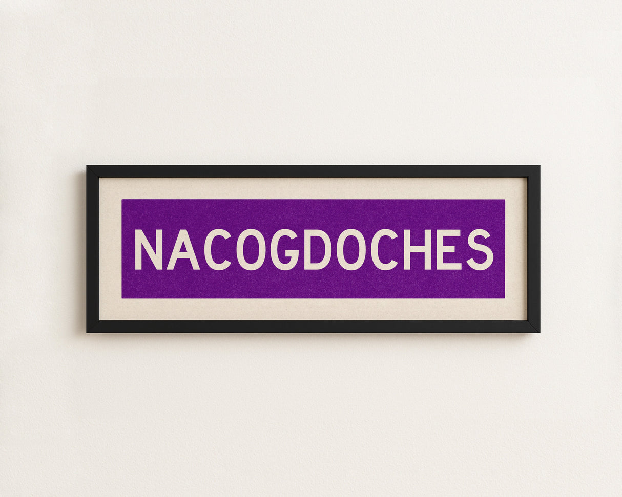 Framed Nacogdoches Purple and White Bus Scroll